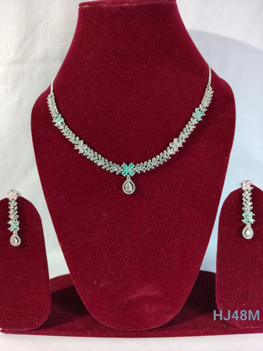 American Diamond Necklace and Earrings Set, Silver-toned Multi Color Crystal Chandelier Style Earrings, (HJ48M) Multi color