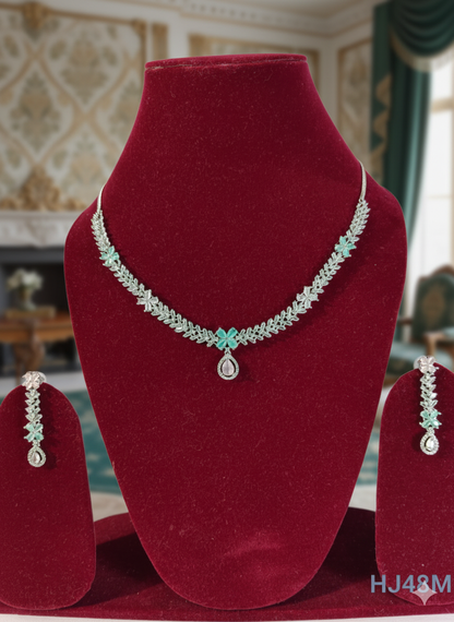 American Diamond Necklace and Earrings Set, Silver-toned Multi Color Crystal Chandelier Style Earrings, (HJ48M) Multi color