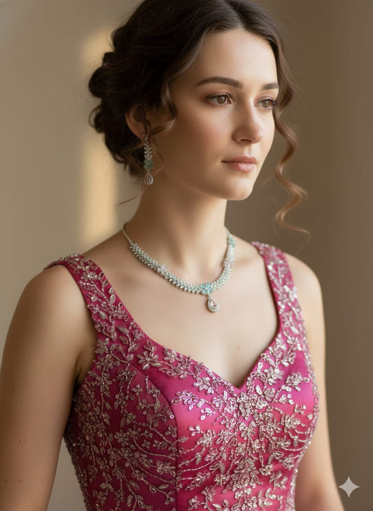 American Diamond Necklace and Earrings Set, Silver-toned Multi Color Crystal Chandelier Style Earrings, (HJ48M) Multi color