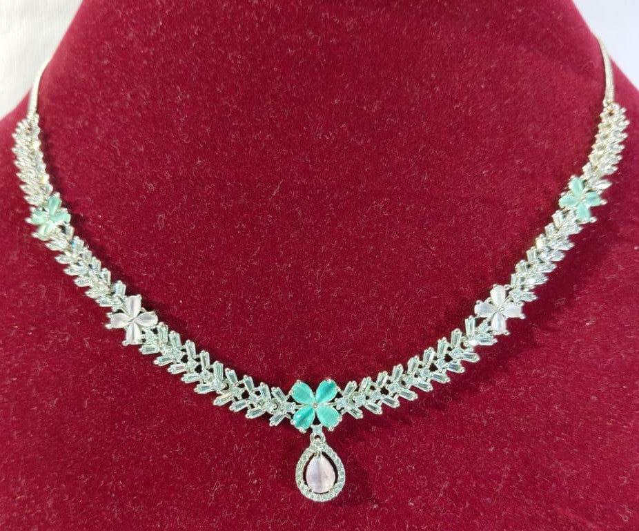 American Diamond Necklace and Earrings Set, Silver-toned Multi Color Crystal Chandelier Style Earrings, (HJ48M) Multi color