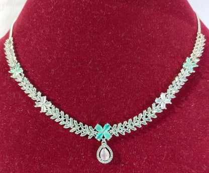 American Diamond Necklace and Earrings Set, Silver-toned Multi Color Crystal Chandelier Style Earrings, (HJ48M) Multi color