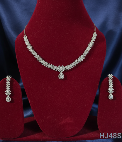 American Diamond Necklace and Earrings Set, Silver-toned Crystal Chandelier Style Earrings, (HJ48S) (Silver)