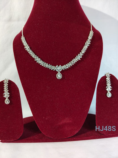 American Diamond Necklace and Earrings Set, Silver-toned Crystal Chandelier Style Earrings, (HJ48S) (Silver)