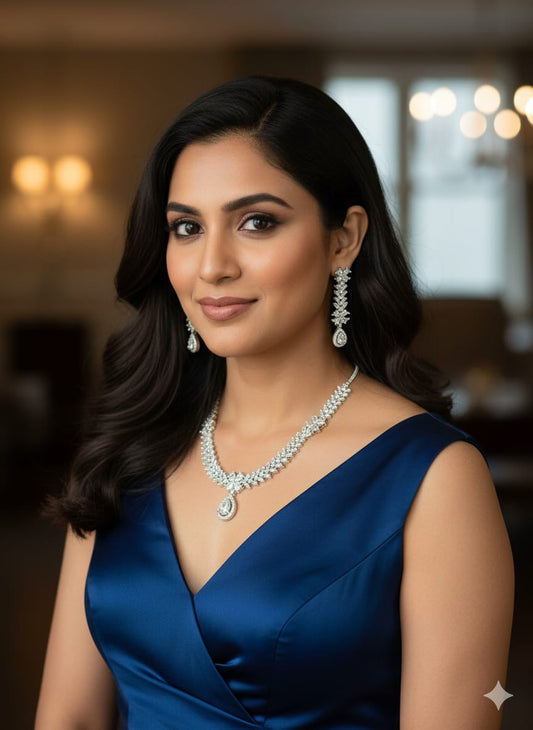 American Diamond Necklace and Earrings Set, Silver-toned Crystal Chandelier Style Earrings, (HJ48S) (Silver)