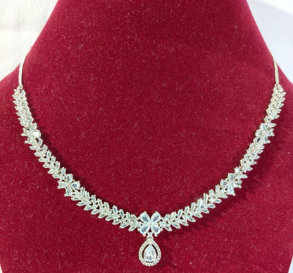 American Diamond Necklace and Earrings Set, Silver-toned Crystal Chandelier Style Earrings, (HJ48S) (Silver)