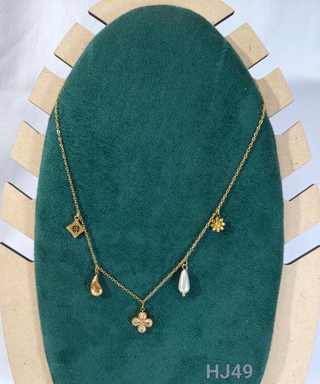 Elegant Gold-Plated Layered Necklace with Crystal Cross Pendant, Pearl Drop Charms, Floral Accents, (HJ49)