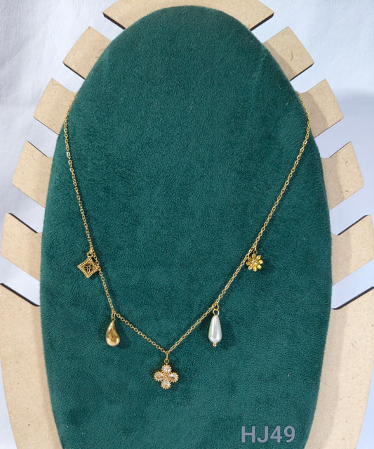 Elegant Gold-Plated Layered Necklace with Crystal Cross Pendant, Pearl Drop Charms, Floral Accents, (HJ49)