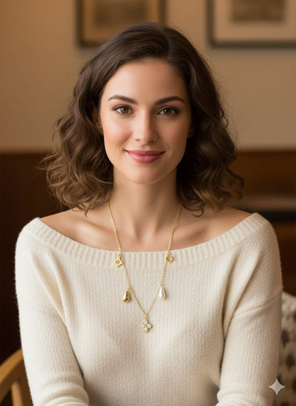 Elegant Gold-Plated Layered Necklace with Crystal Cross Pendant, Pearl Drop Charms, Floral Accents, (HJ49)