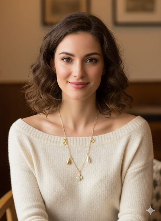 Elegant Gold-Plated Layered Necklace with Crystal Cross Pendant, Pearl Drop Charms, Floral Accents, (HJ49)