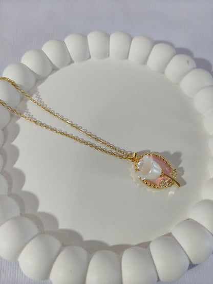 Elegant Gold-Plated Rose Flower Necklace with Pink Crystal Pendant, HJ52