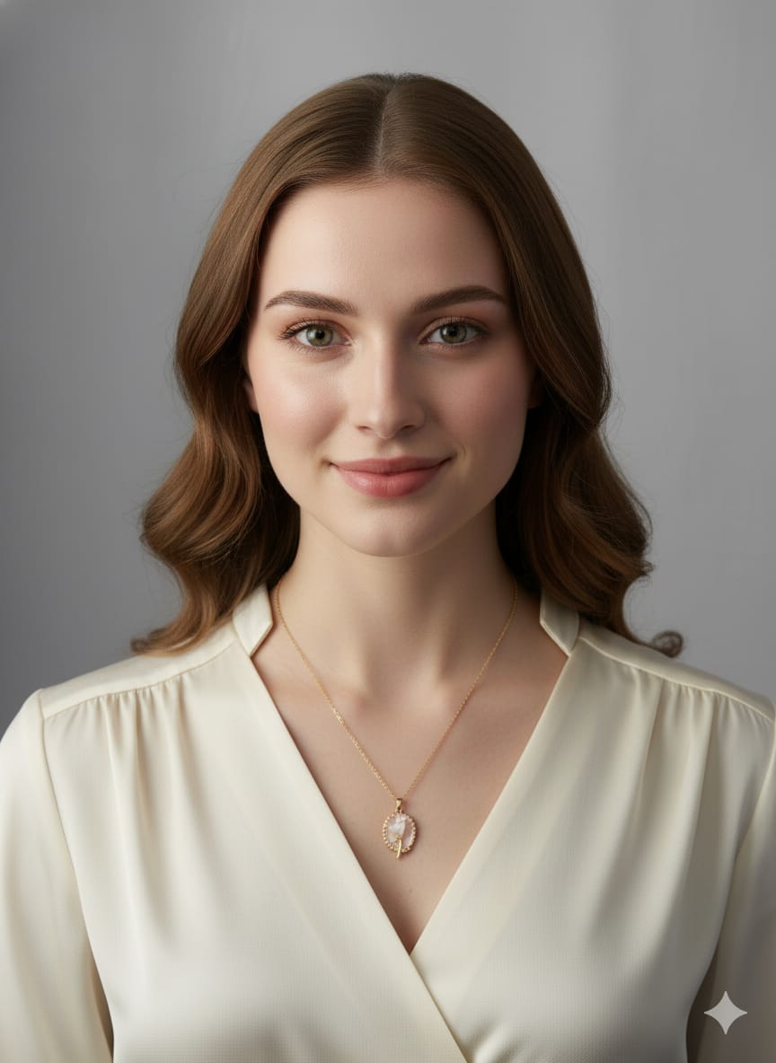 Elegant Gold-Plated Rose Flower Necklace with Pink Crystal Pendant, HJ52