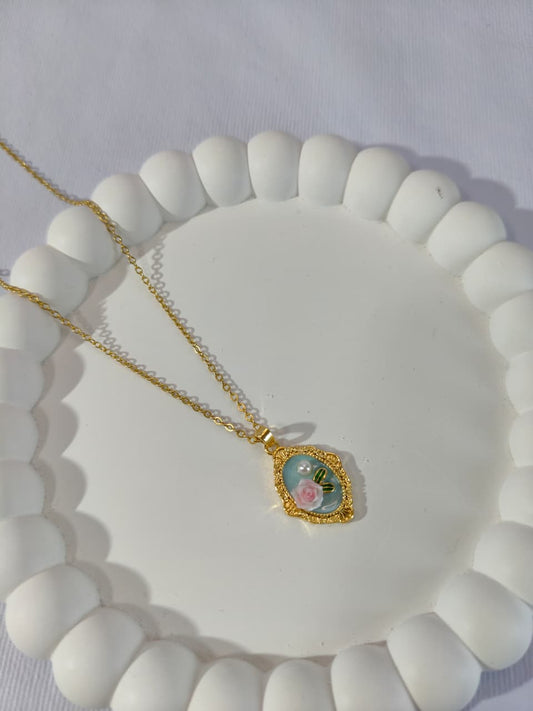 Vintage Style Gold-Plated Pendant Necklace, Mint Blue Enamel with Pink Rose and Pearl, Ornate Frame Design HJ53