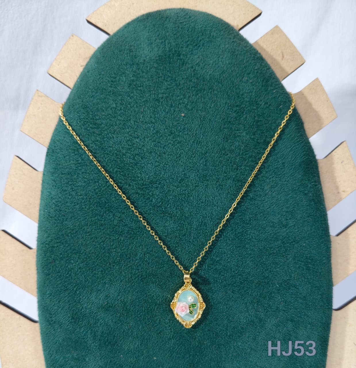 Vintage Style Gold-Plated Pendant Necklace, Mint Blue Enamel with Pink Rose and Pearl, Ornate Frame Design HJ53