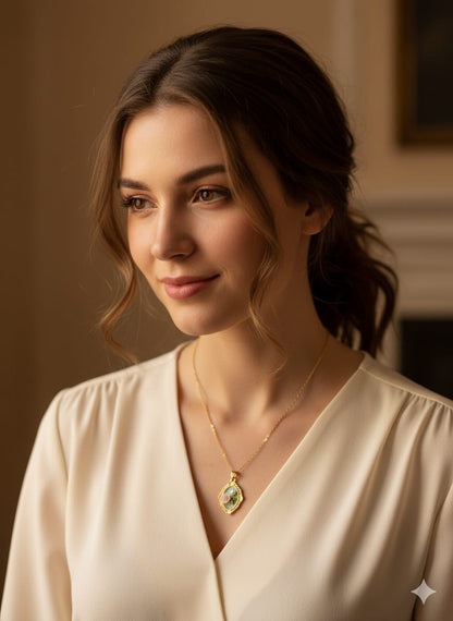 Vintage Style Gold-Plated Pendant Necklace, Mint Blue Enamel with Pink Rose and Pearl, Ornate Frame Design HJ53