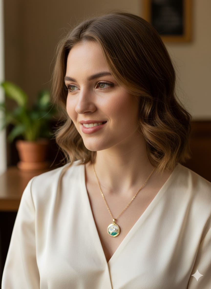 Elegant Gold Chain Necklace with Round Pendant, Pearl and Green Crystal Inlay, HJ54