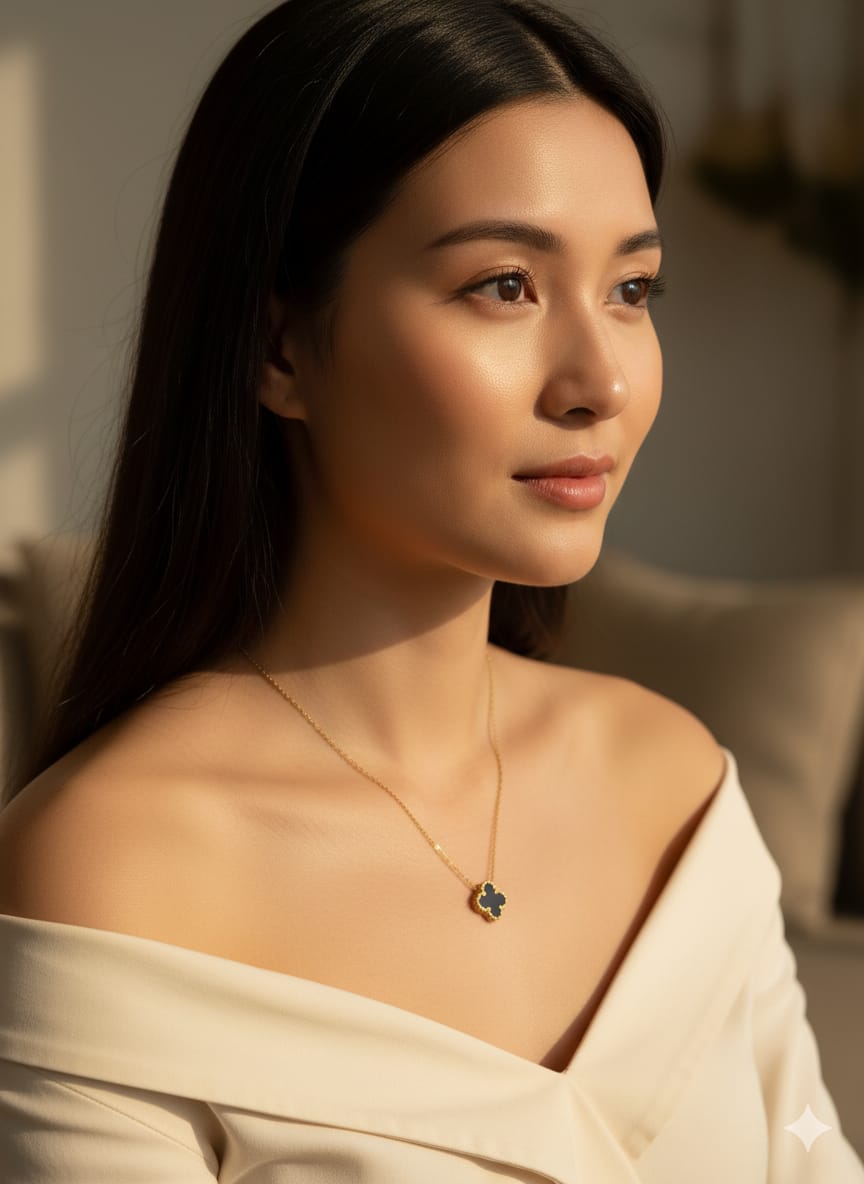 Dainty Gold Reversible Clover Pendant Necklace, Long Chain, Minimalist Jewelry, HJ55