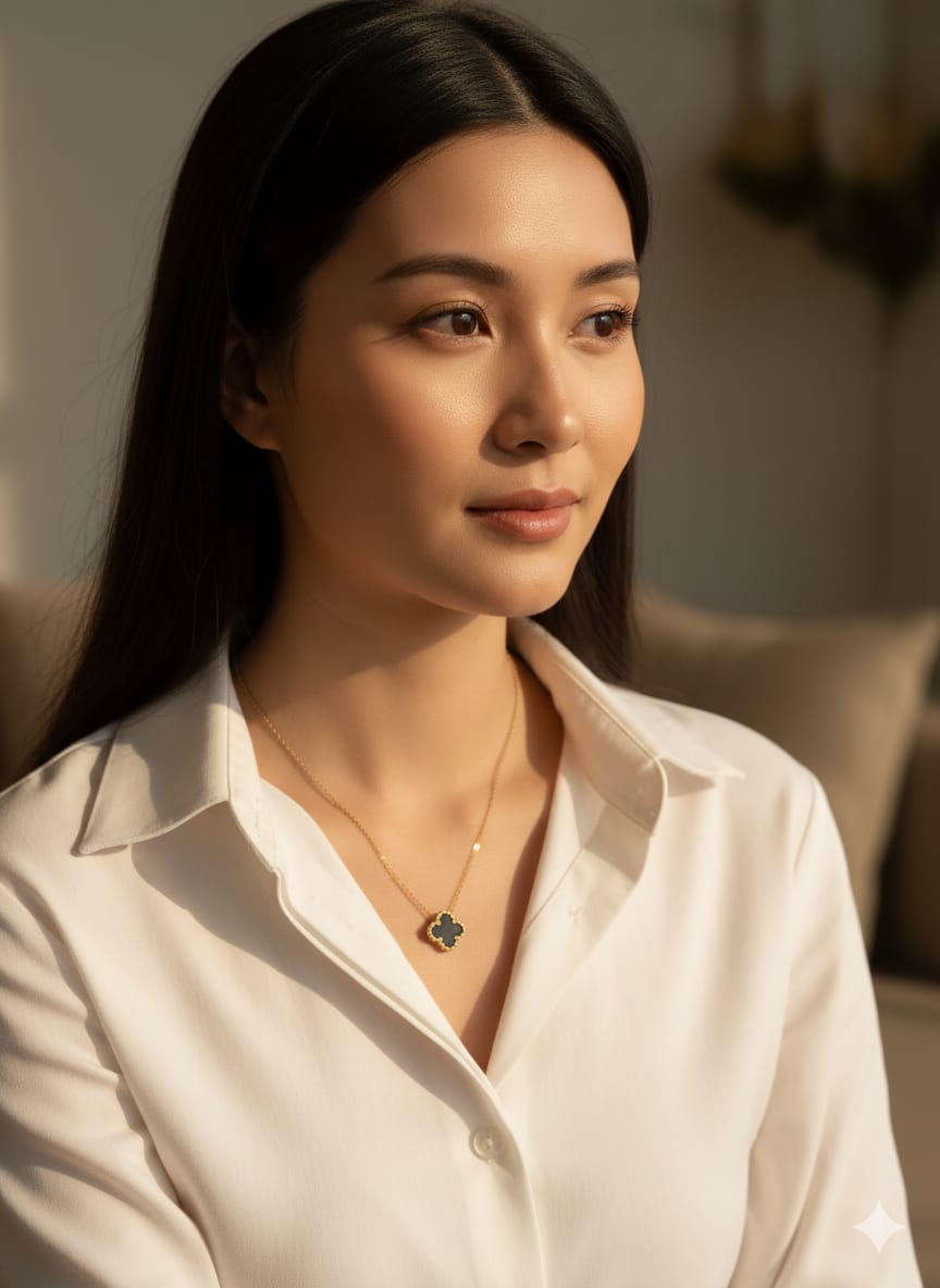 Dainty Gold Reversible Clover Pendant Necklace, Long Chain, Minimalist Jewelry, HJ55