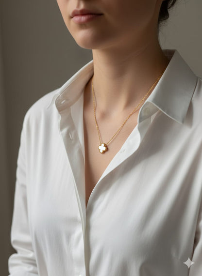 Dainty Gold Reversible Clover Pendant Necklace, Long Chain, Minimalist Jewelry, HJ55