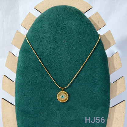 Gold Evil Eye Pendant Necklace with Crystals, Round Medallion Chain, Blue Turquoise Crystal Accent, HJ56