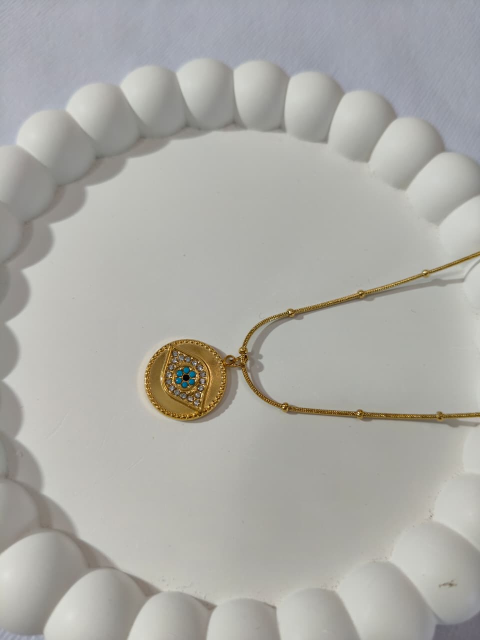 Gold Evil Eye Pendant Necklace with Crystals, Round Medallion Chain, Blue Turquoise Crystal Accent, HJ56