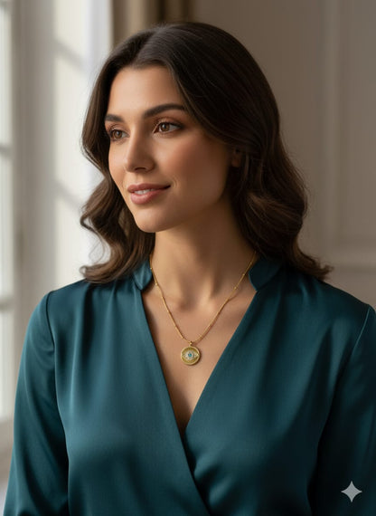 Gold Evil Eye Pendant Necklace with Crystals, Round Medallion Chain, Blue Turquoise Crystal Accent, HJ56