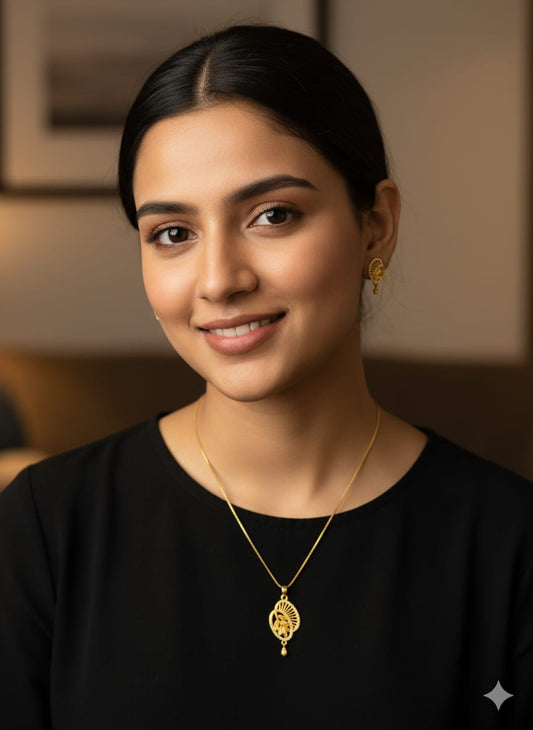 Gold Plated Jewelry Set with Oval Leaf shaped Pendant Necklace and Earrings, Crystal Studded, HJ58