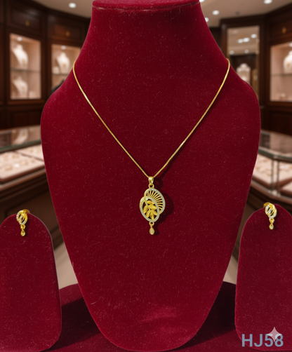 Gold Plated Jewelry Set with Oval Leaf shaped Pendant Necklace and Earrings, Crystal Studded, HJ58