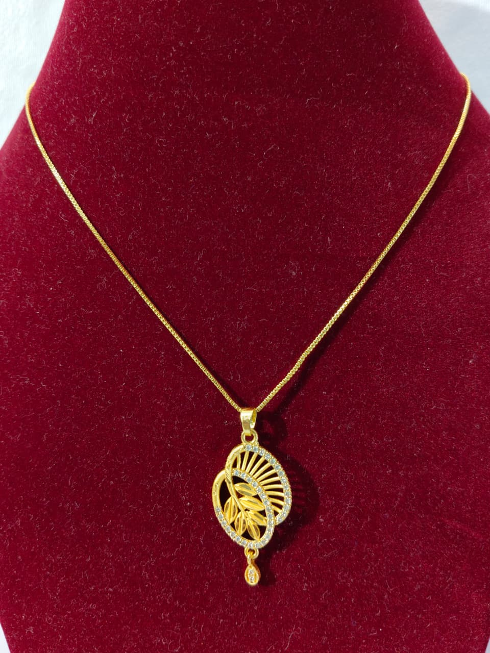 Gold Plated Jewelry Set with Oval Leaf shaped Pendant Necklace and Earrings, Crystal Studded, HJ58