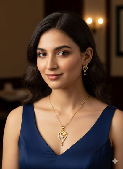 Gold Plated Necklace Set with Crystal Studded Pendant and Matching Earrings, Floral Design (HJ59)