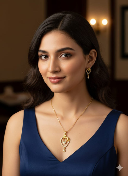 Gold Plated Necklace Set with Crystal Studded Pendant and Matching Earrings, Floral Design (HJ59)