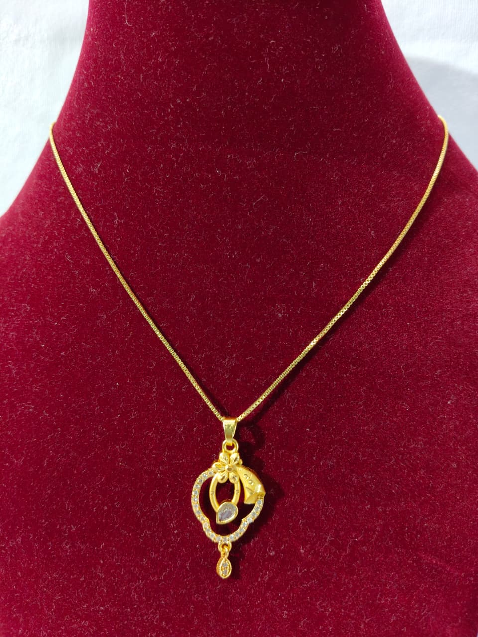 Gold Plated Necklace Set with Crystal Studded Pendant and Matching Earrings, Floral Design (HJ59)