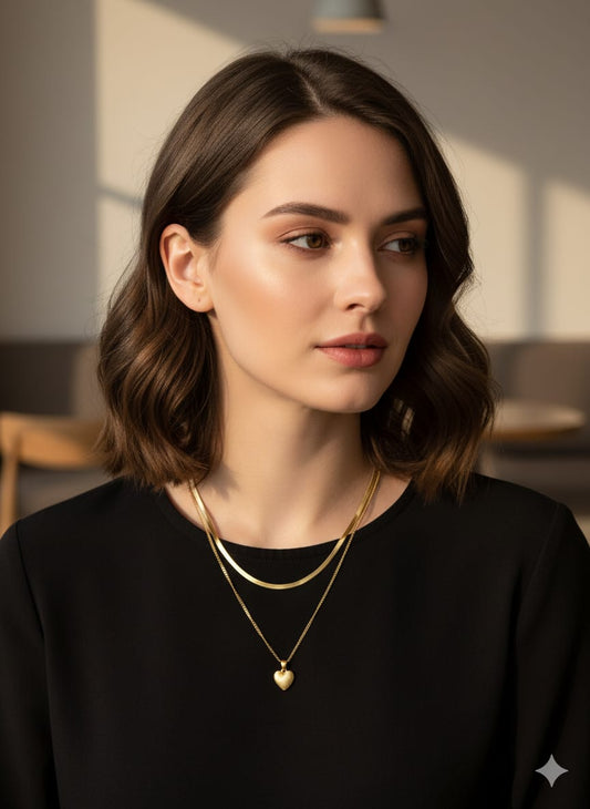 Double Layered Gold Chain Necklace with Heart Pendant, Anti Tarnish (HJ62)