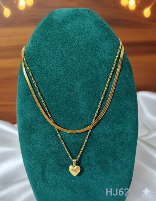 Double Layered Gold Chain Necklace with Heart Pendant, Anti Tarnish (HJ62)