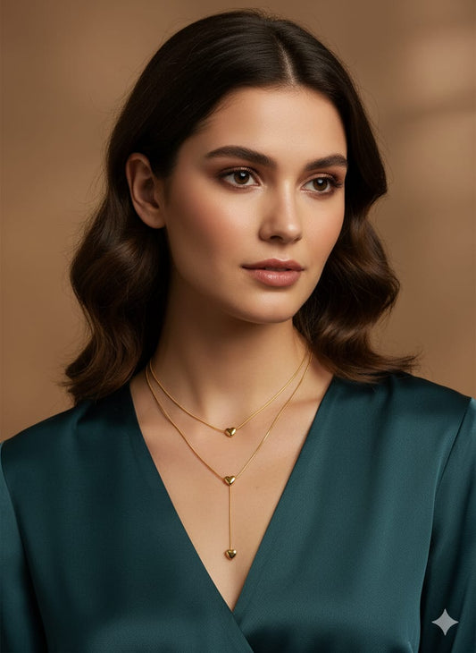 Layered Gold Heart Pendant Necklace, Triple Heart Drop Chain, Anti Tarnish (HJ64)