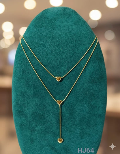 Layered Gold Heart Pendant Necklace, Triple Heart Drop Chain, Anti Tarnish (HJ64)