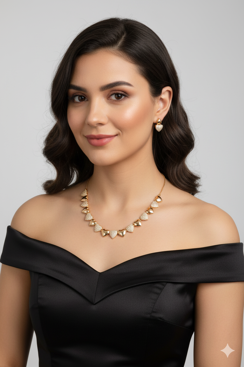 Rose Gold Heart Necklace, Crystal Rhinestone Alternating Hearts Design, HJ67