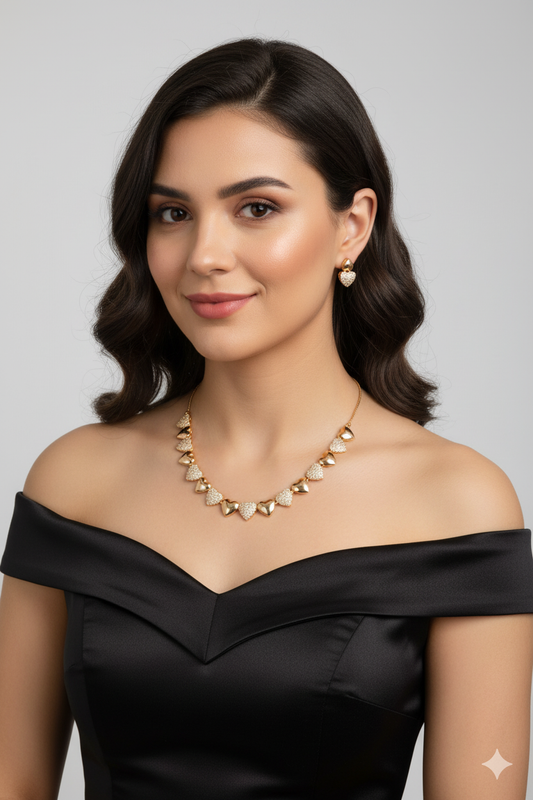 Rose Gold Heart Necklace, Crystal Rhinestone Alternating Hearts Design, HJ67