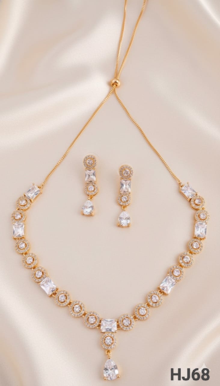 Rose Gold American Diamond Crystal Necklace and Earring Set, Designer Chandelier Style (HJ68)