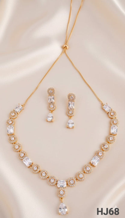 Rose Gold American Diamond Crystal Necklace and Earring Set, Designer Chandelier Style (HJ68)