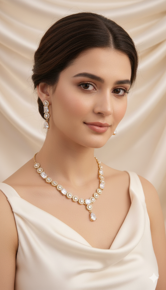 Rose Gold American Diamond Crystal Necklace and Earring Set, Designer Chandelier Style (HJ68)