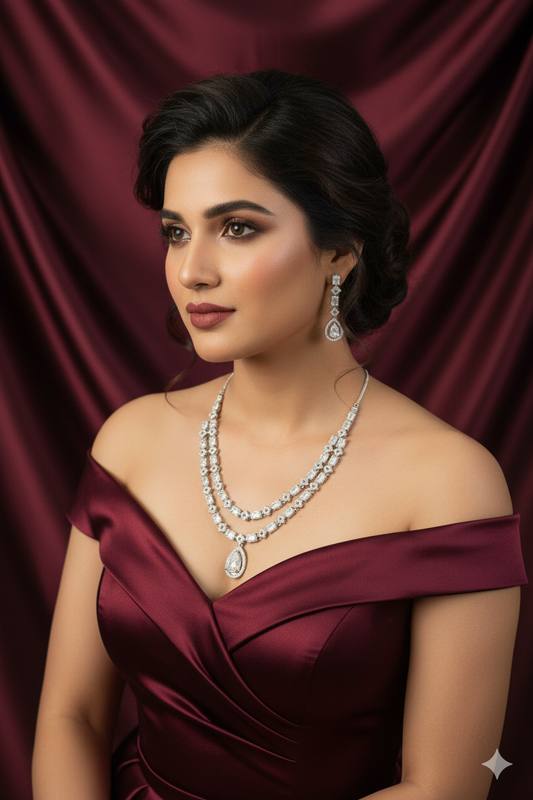 Crystal American Diamond Chandelier Double Layered Necklace Set with Earrings, Silver-toned, (HJ69)