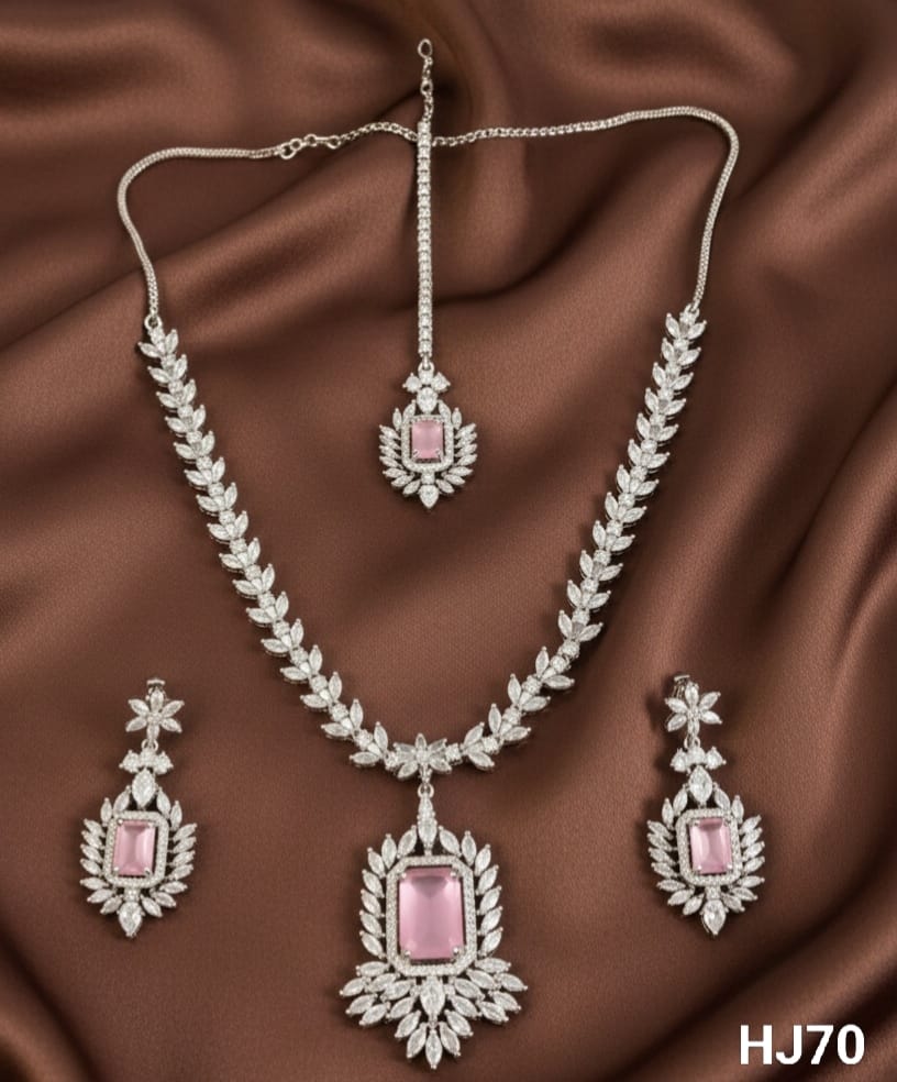 American Diamond Necklace and Earrings Set, Silver-toned with light Pink Stone (HJ70) (Silver)