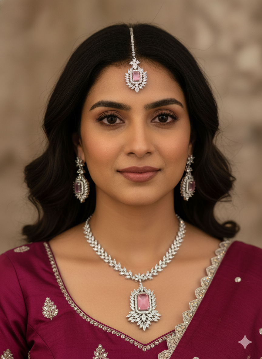 American Diamond Necklace and Earrings Set, Silver-toned with light Pink Stone (HJ70) (Silver)