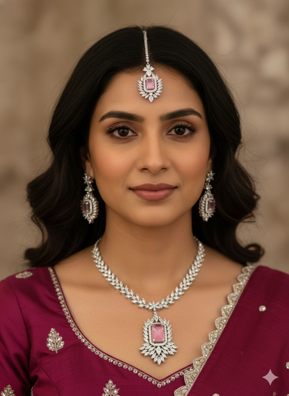 American Diamond Necklace and Earrings Set, Silver-toned with light Pink Stone (HJ70) (Silver)