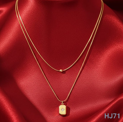 Double-layered gold-tone chain necklace with a small bead and a rectangular starburst pendant, Anti Tarnish (HJ71)