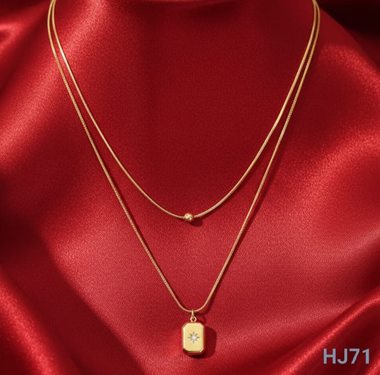 Double-layered gold-tone chain necklace with a small bead and a rectangular starburst pendant, Anti Tarnish (HJ71)