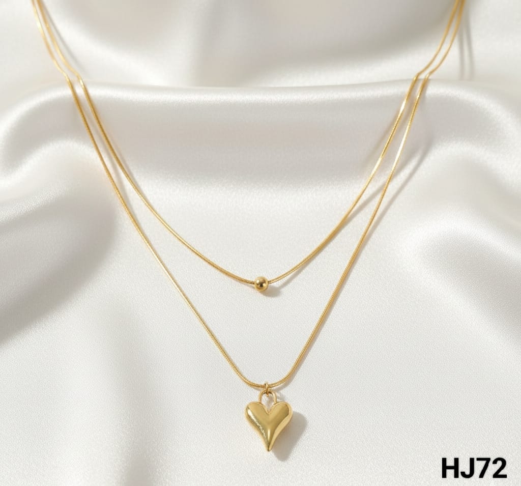 Double-layered gold  chain necklace featuring a single bead and a polished, volumetric heart pendant (HJ72)