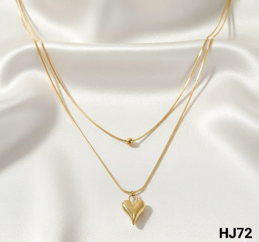 Double-layered gold  chain necklace featuring a single bead and a polished, volumetric heart pendant (HJ72)