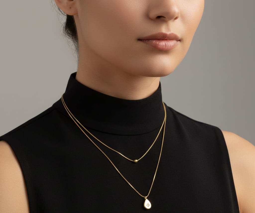 Gold double-layered chain necklace featuring a small bead and a teardrop pendant with a central starburst gem HJ74