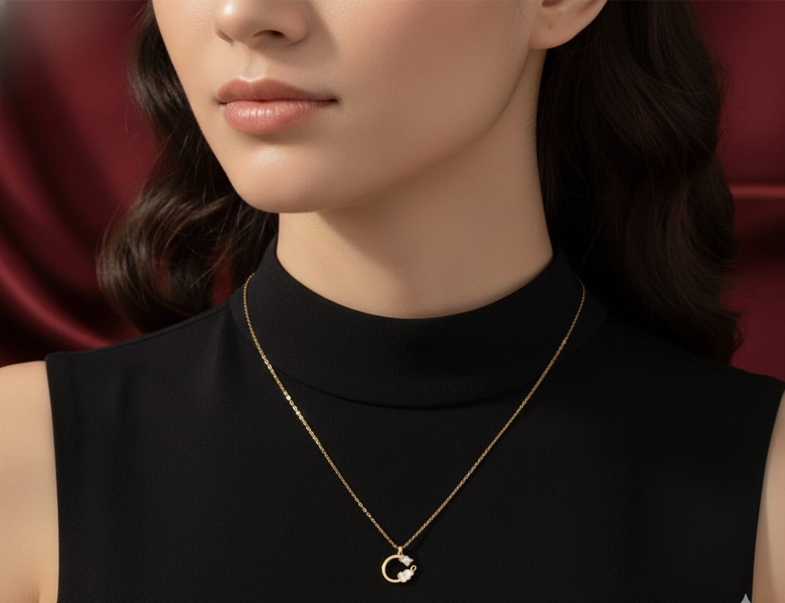 Delicate gold chain necklace with a small circular pendant framing a sparkling gem and a white cloud charm HJ76